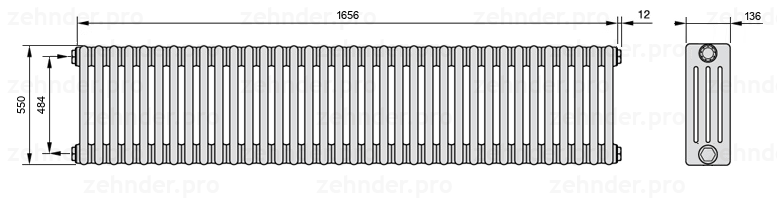 Схема (чертеж) Радиатор Zehnder Charleston 4055/36 №1270 Белый глянцевый RAL 9016